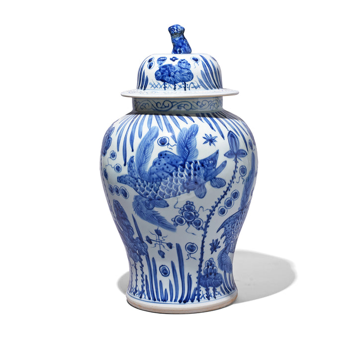 Small Blue & White Porcelain Temple Jar - Fish Design | Indigo Antiques