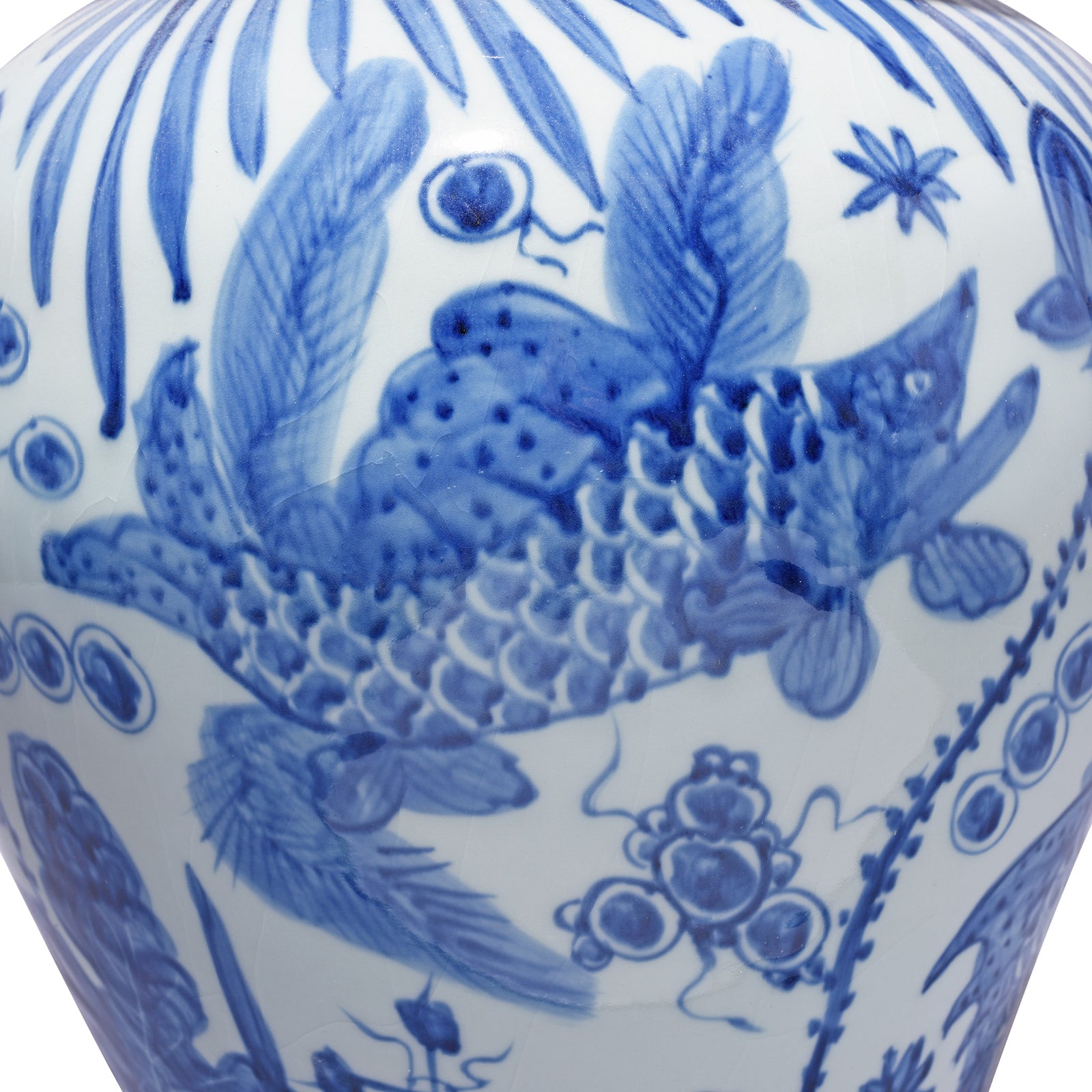 Fish Detail From Small Blue & White Porcelain Temple Jar - Fish Design | Indigo Antiques