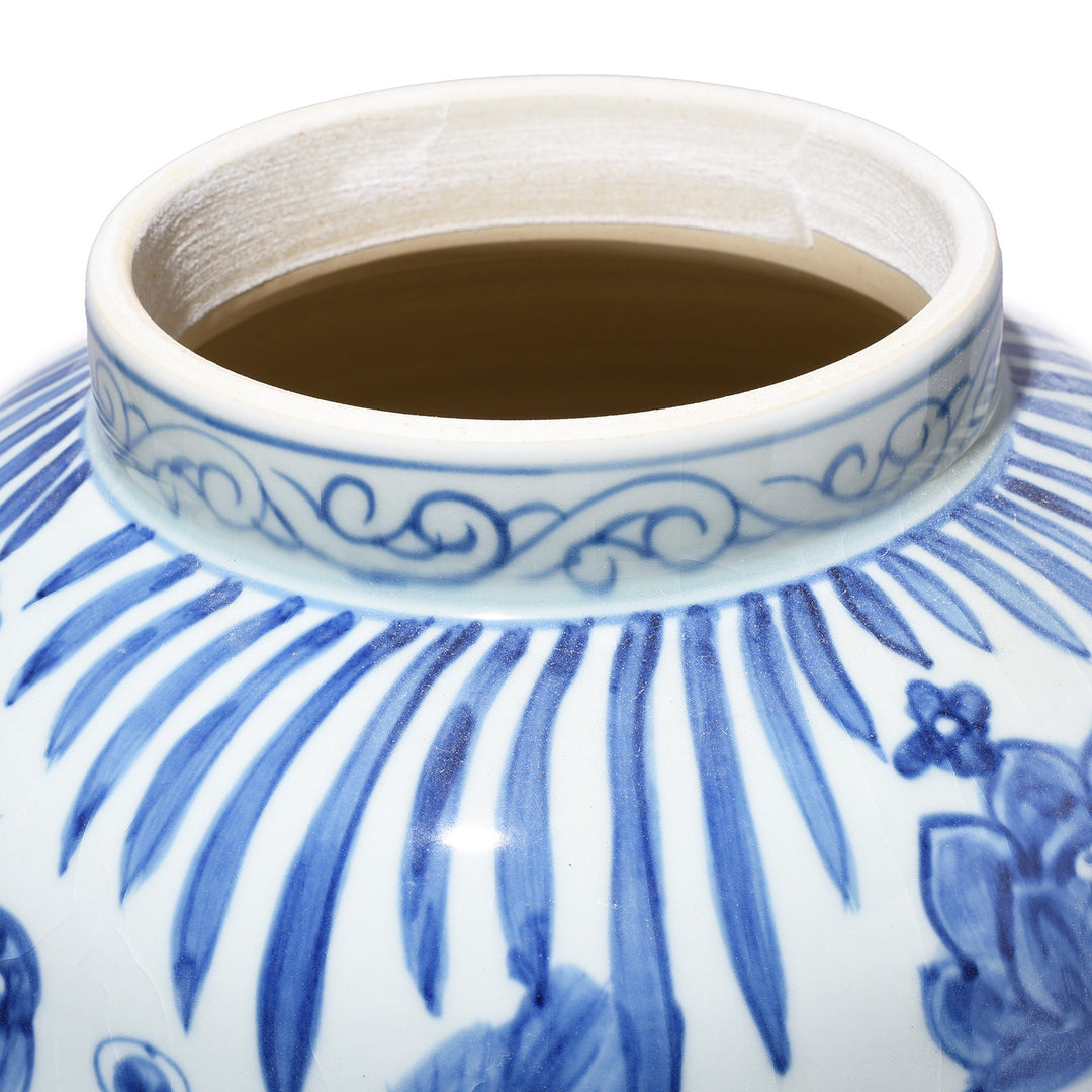 Rim Detail From Small Blue & White Porcelain Temple Jar - Fish Design | Indigo Antiques