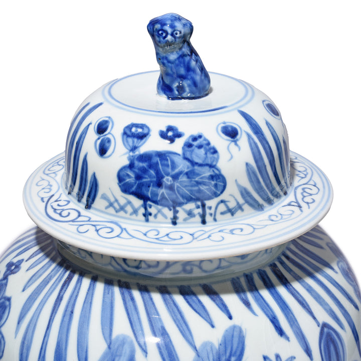 Lid Detail From Small Blue & White Porcelain Temple Jar - Fish Design | Indigo Antiques