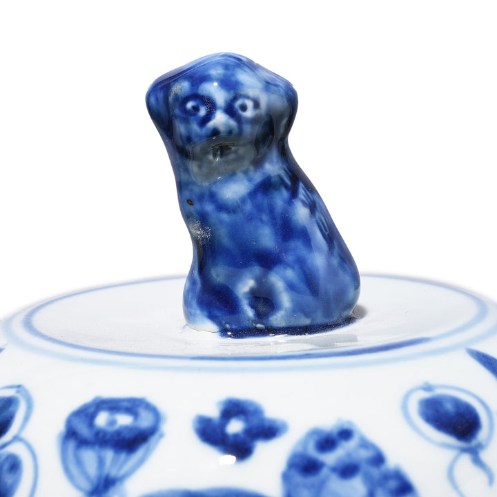 Lion Detail From Small Blue & White Porcelain Temple Jar - Fish Design | Indigo Antiques