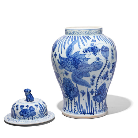 Blue & White Porcelain Temple Jar - Fishes