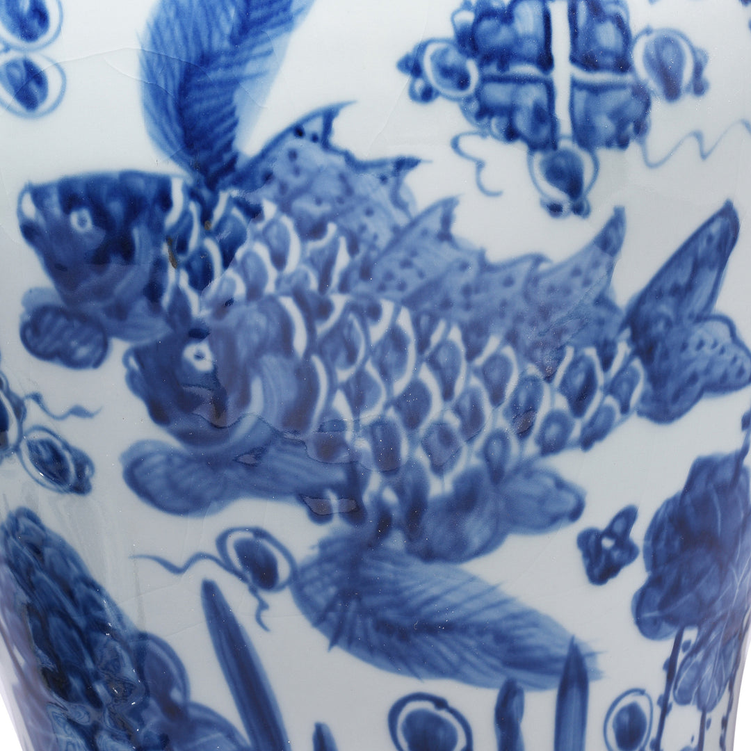 Fish Detail From Small Blue & White Porcelain Temple Jar - Fish Design | Indigo Antiques