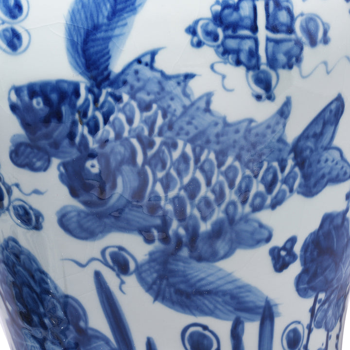 Fish Detail From Small Blue & White Porcelain Temple Jar - Fish Design | Indigo Antiques
