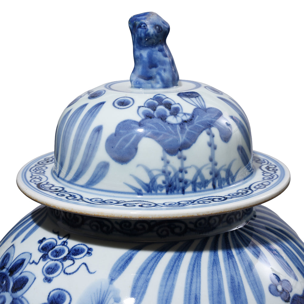 Lid Detail From Small Blue & White Porcelain Temple Jar - Fish Design | Indigo Antiques
