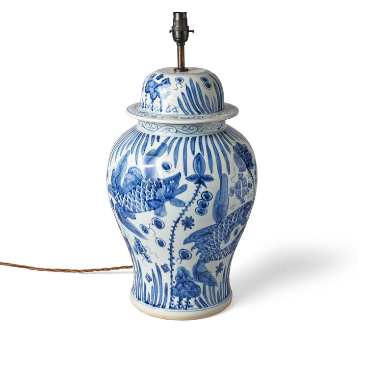 Blue & White Temple Jar Lamp - Fish Design | Indigo Antiques