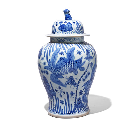 Blue & White Porcelain Temple Jar - Fishes