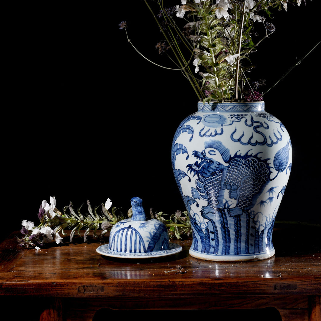 Blue & White Porcelain Temple Jar - Qilin Design | Indigo Antiques