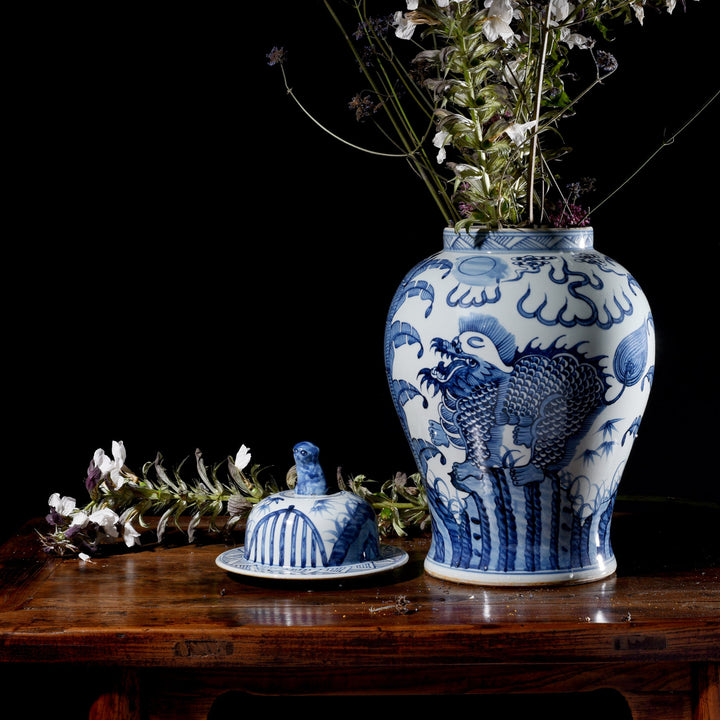 Blue & White Porcelain Temple Jar - Qilin Design | Indigo Antiques