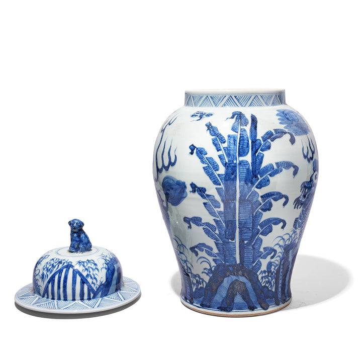Reverse Of Medium Blue & White Porcelain Temple Jar - Qilin Design | Indigo Antiques