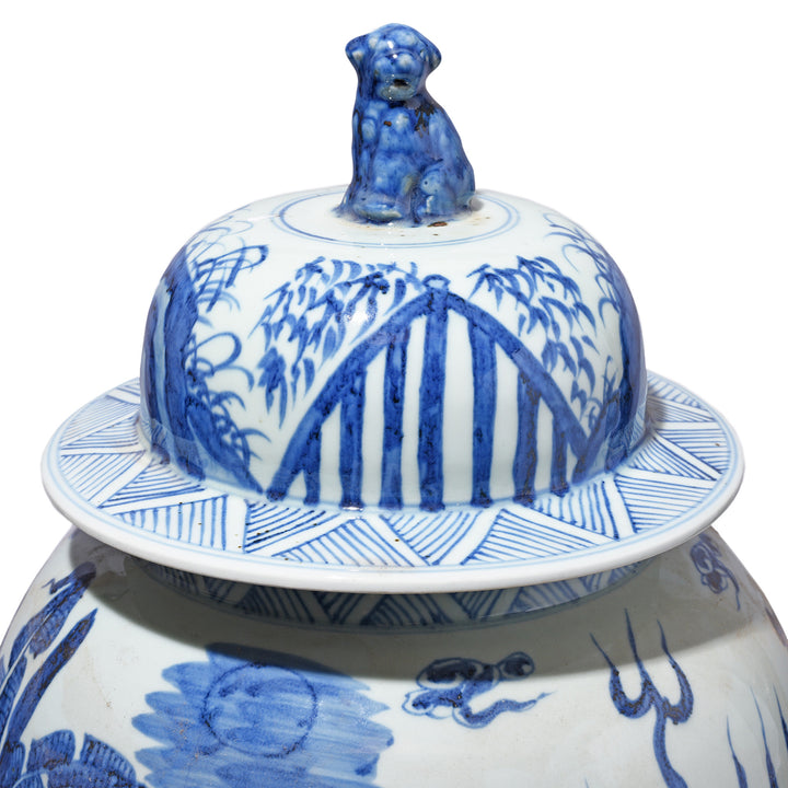 Lid Detail From Medium Blue & White Porcelain Temple Jar - Qilin Design | Indigo Antiques