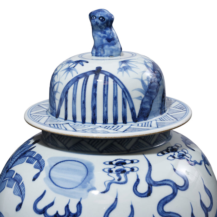 Lid Detail From Blue & White Porcelain Temple Jar - Qilin Design | Indigo Antiques