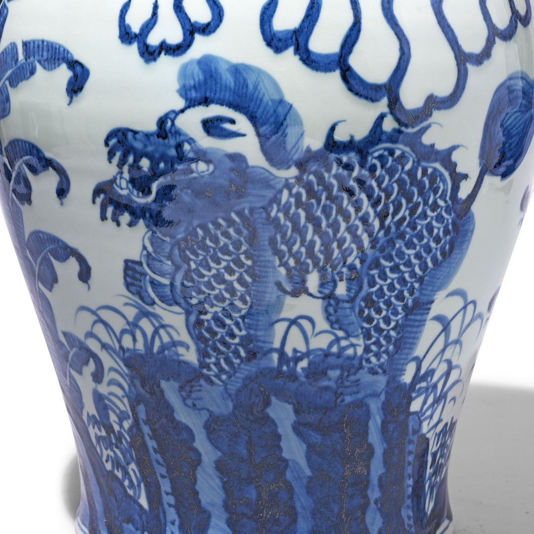 Quilin Detail From Medium Blue & White Porcelain Temple Jar - Qilin Design | Indigo Antiques