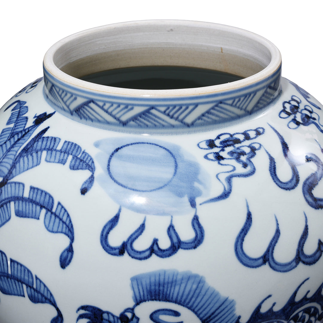 Rim Detail From Blue & White Porcelain Temple Jar - Qilin Design | Indigo Antiques