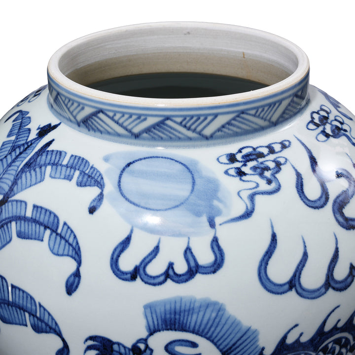 Rim Detail From Blue & White Porcelain Temple Jar - Qilin Design | Indigo Antiques