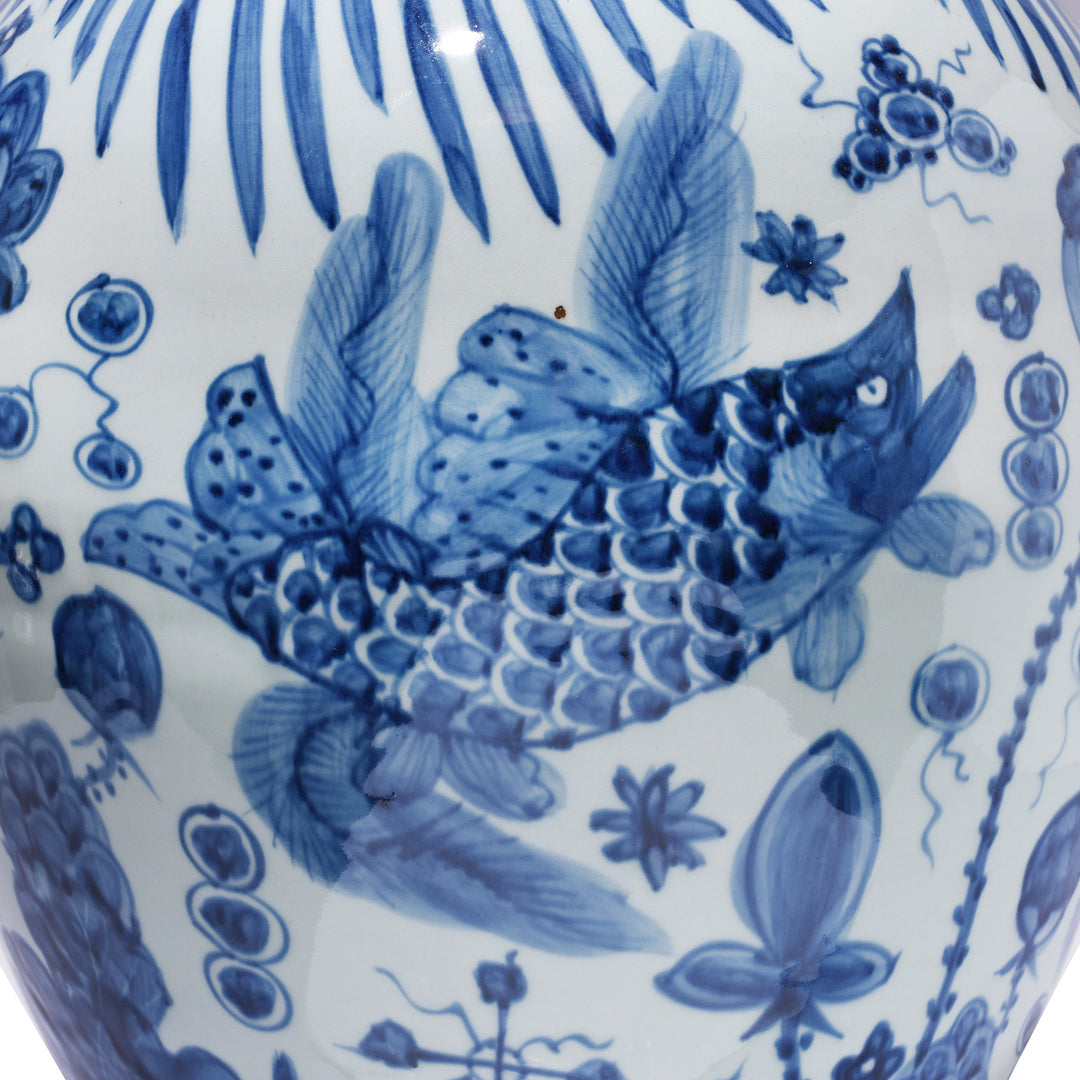 Fish Detail From Large Blue & White Porcelain Temple Jar - Fish Design | Indigo Antiques