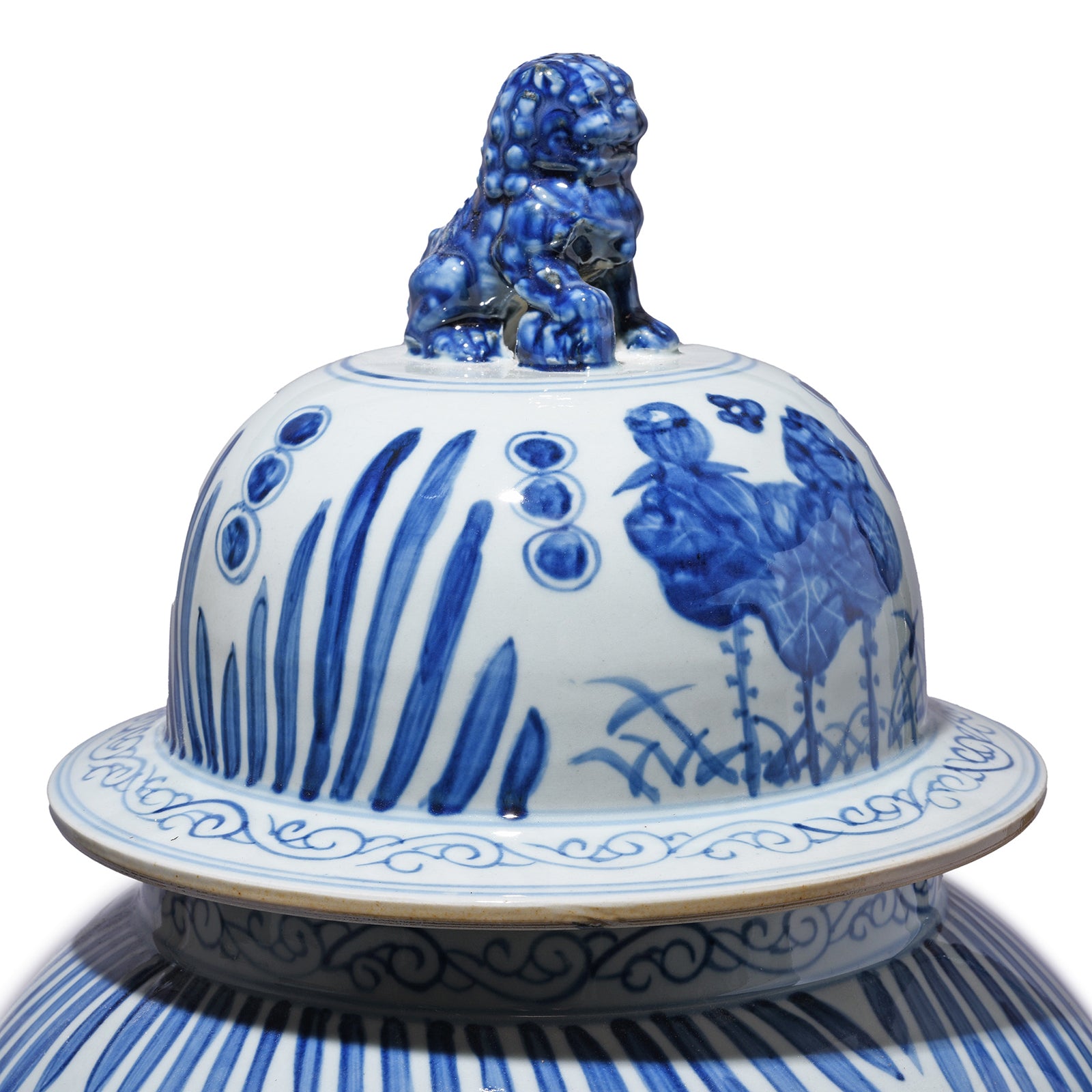 Lid Detail From Large Blue & White Porcelain Temple Jar - Fish Design | Indigo Antiques