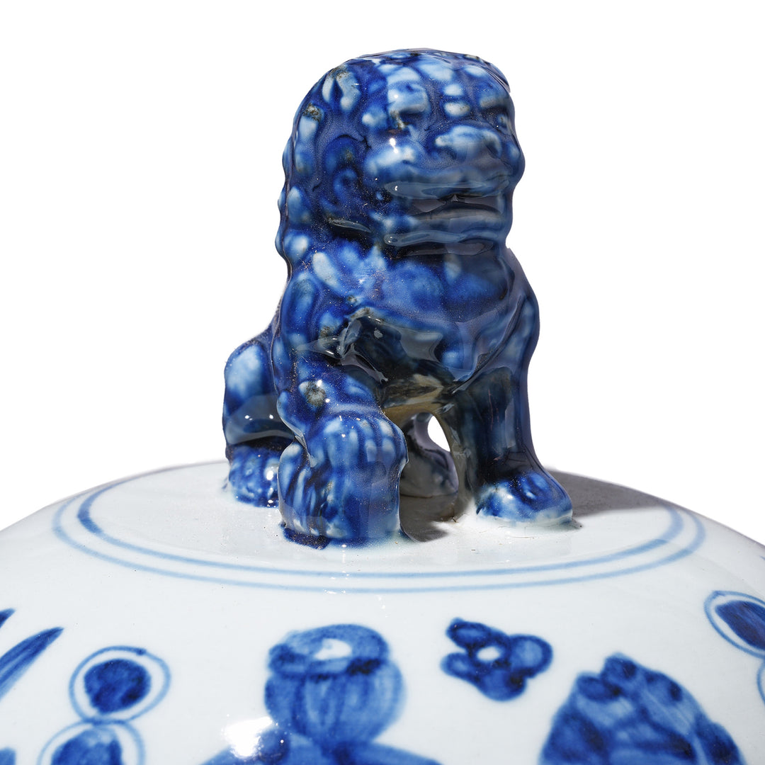 Lion Detail From Large Blue & White Porcelain Temple Jar - Fish Design | Indigo Antiques