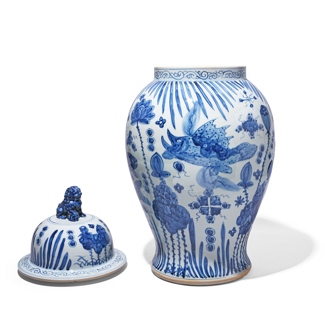 Reverse Of Large Blue & White Porcelain Temple Jar - Fish Design | Indigo Antiques