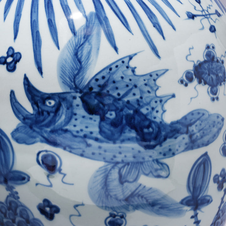 Fish Detail From Large Blue & White Porcelain Temple Jar - Fish Design | Indigo Antiques