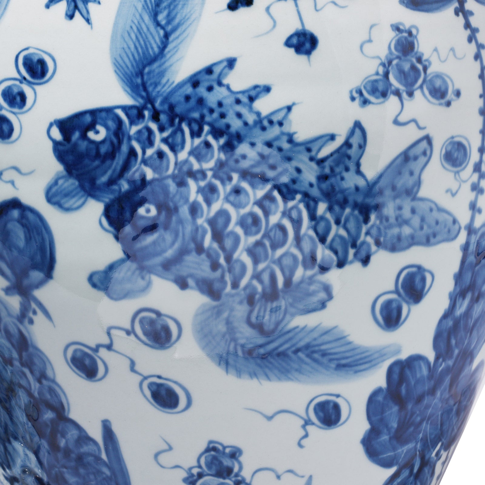 Fish Detail From Large Blue & White Porcelain Temple Jar - Fish Design | Indigo Antiques