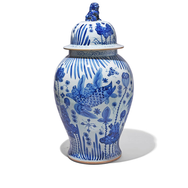 Large Blue & White Porcelain Temple Jar - Fish Design | Indigo Antiques