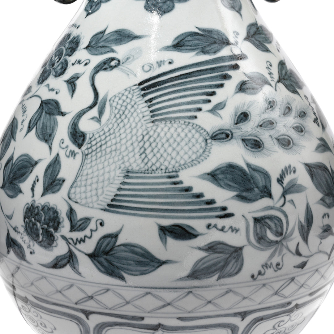 Detail From Blue & White Porcelain Yuhuchunping Vase Lamp - Phoenix Design | Indigo Antiques