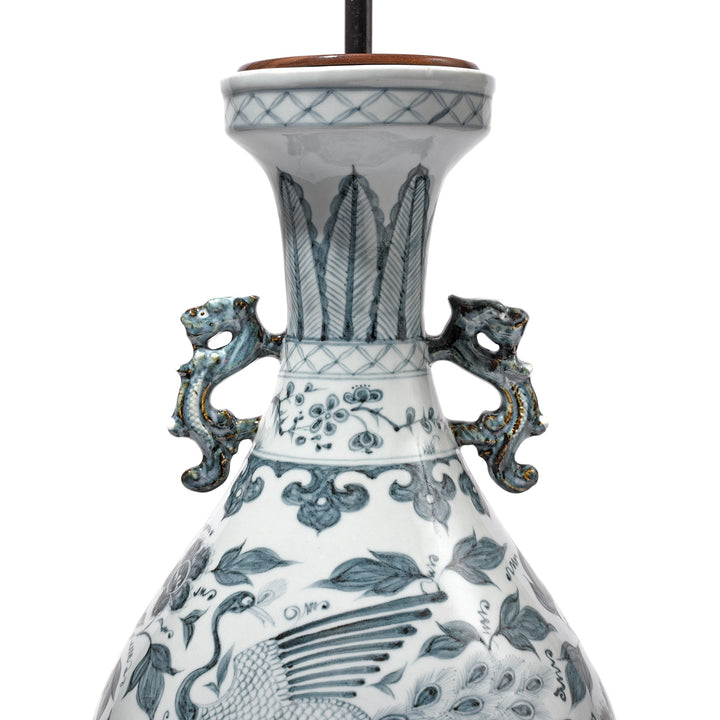 Detail From Blue & White Porcelain Yuhuchunping Vase Lamp - Phoenix Design | Indigo Antiques