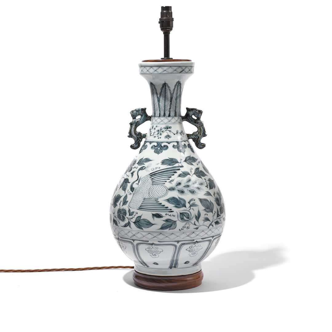 Blue & White Porcelain Yuhuchunping Vase Lamp - Phoenix Design | Indigo Antiques