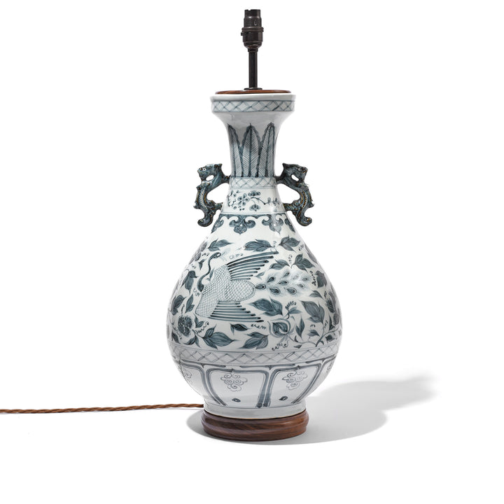Blue & White Porcelain Yuhuchunping Vase Lamp - Phoenix Design | Indigo Antiques