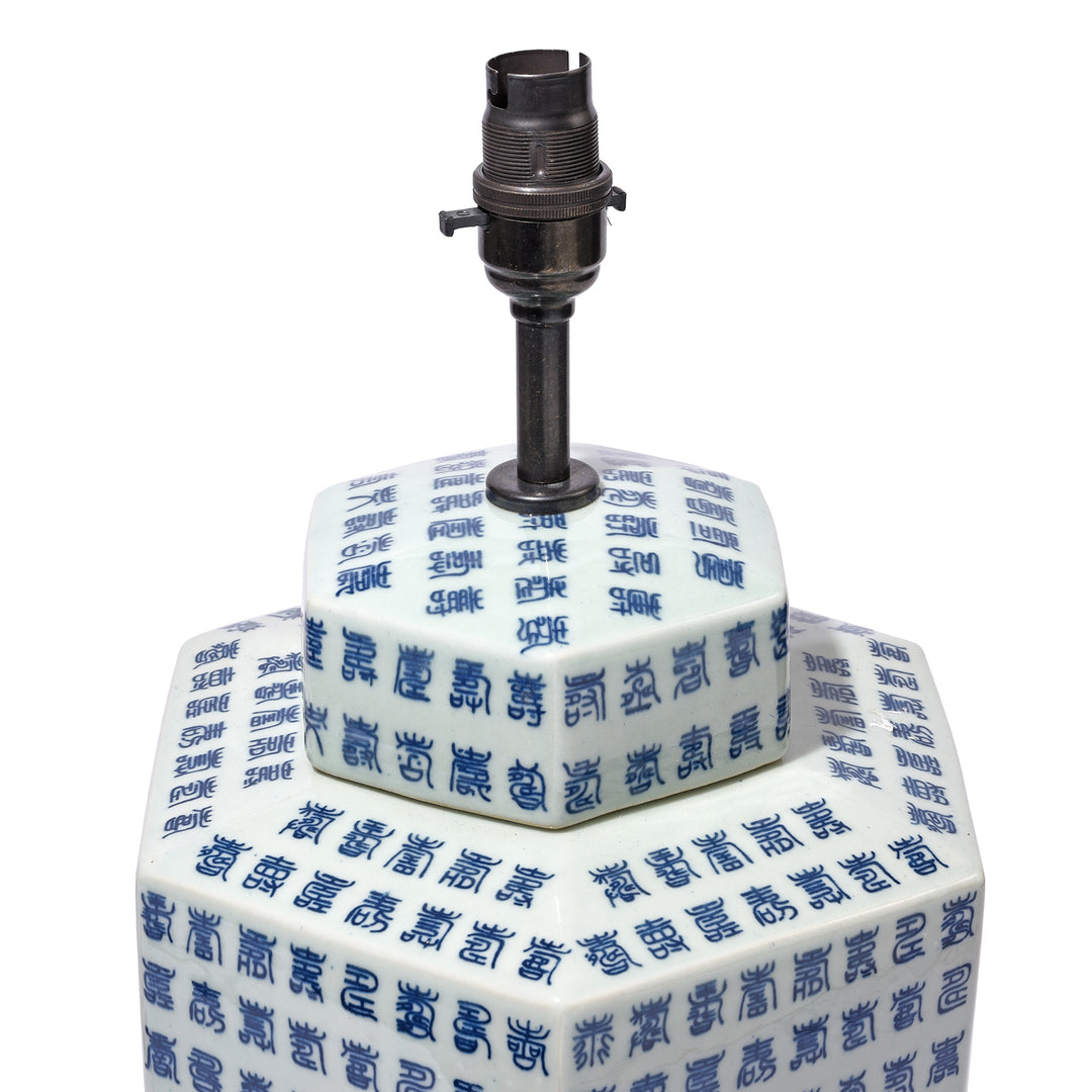 Detail From Blue & White Porcelain Hexagonal Tea Caddy Lamp | Indigo Antiques