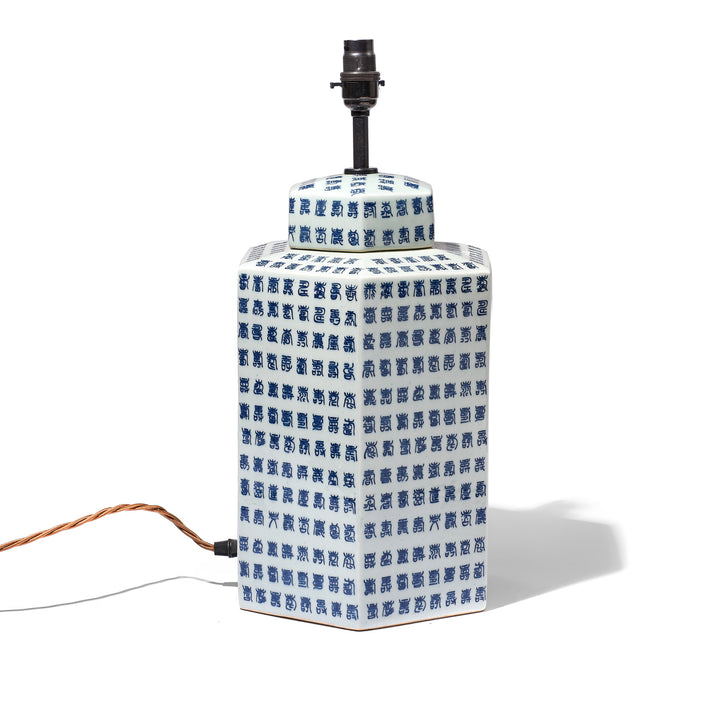 Blue & White Porcelain Hexagonal Tea Caddy Lamp | Indigo Antiques