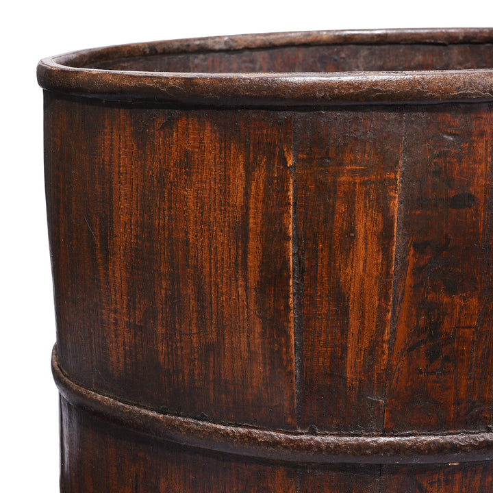 Rim Detail From Antique Chinese Elm Wood Grain Measure With Iron Band