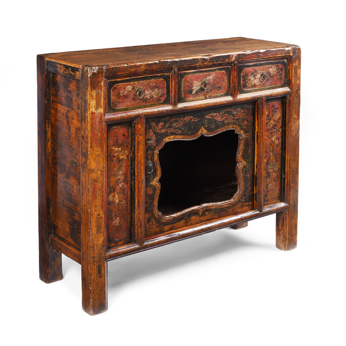 Angled View Of Antique Mongolian Painted Sideboard | Indigo Antiques