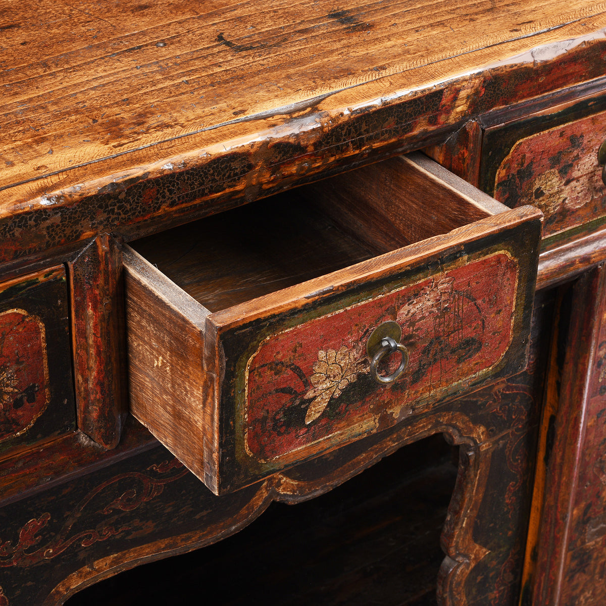 Drawer Interior Detail From Antique Mongolian Painted Sideboard | Indigo Antiques