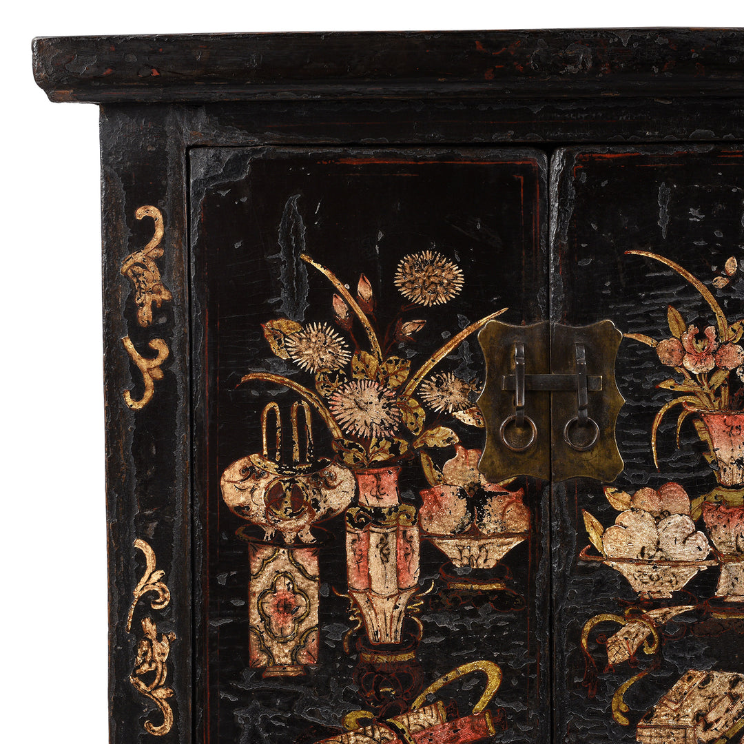 Corner Detail From Antique Black Lacquer Sideboard From Shanxi | Indigo Antiques