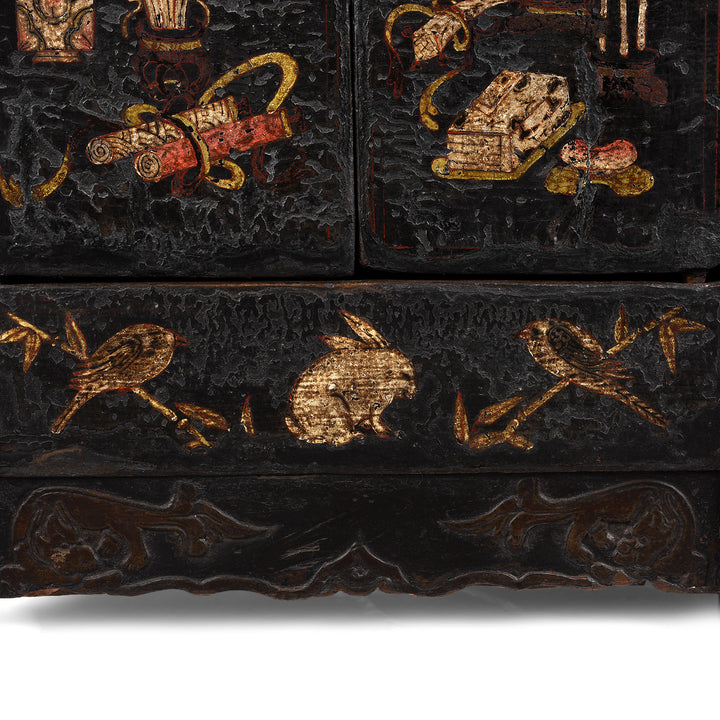 Rabbit Paintwork Detail From Antique Black Lacquer Sideboard From Shanxi | Indigo Antiques