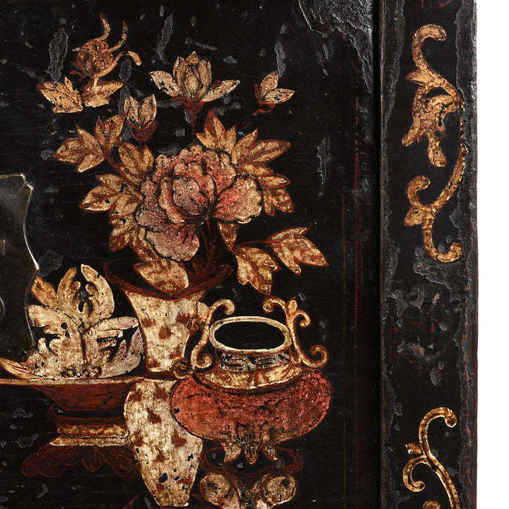 Paintwork Detail From Antique Black Lacquer Sideboard From Shanxi | Indigo Antiques