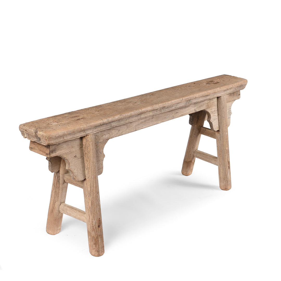 Angled View Of Antique Elm Chinese Spring Bench From Shanxi Province | Indigo Antiques