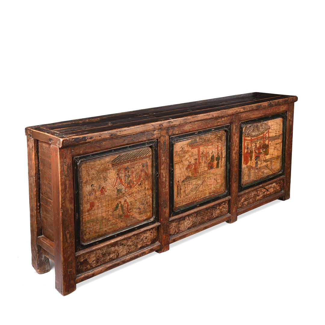 Angled View Of Antique 3 Door Painted Mongolian Sideboard - 19th Century | Indigo Antiques
