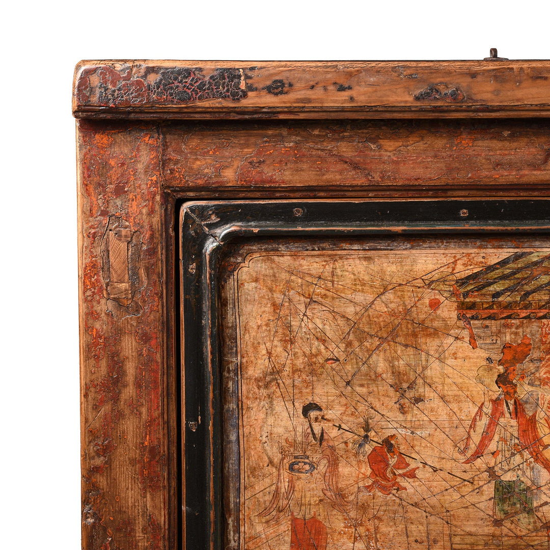 Corner Detail From Antique 3 Door Painted Mongolian Sideboard - 19th Century | Indigo Antiques