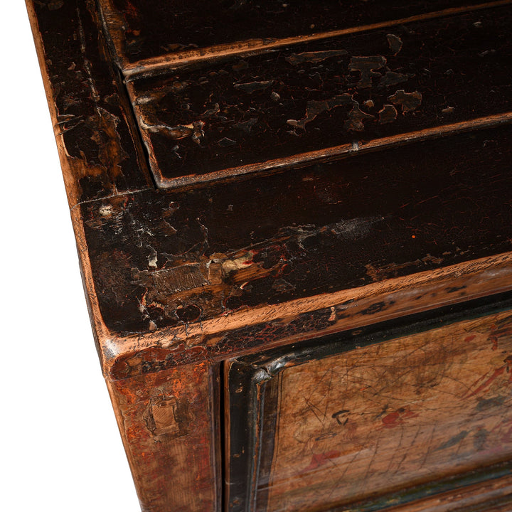 Corner Detail From Antique 3 Door Painted Mongolian Sideboard - 19th Century | Indigo Antiques