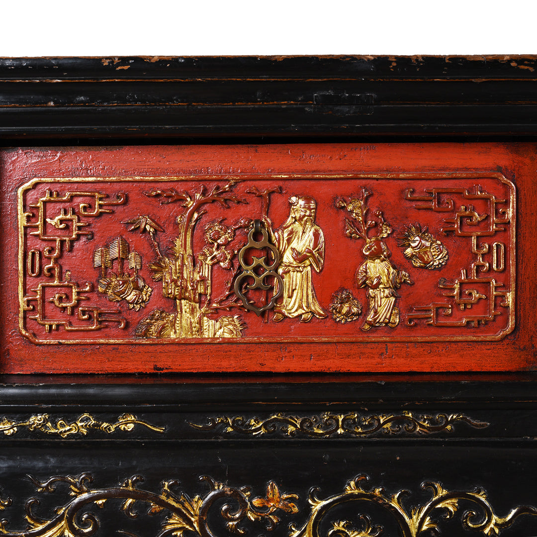 Panel Detail From 19th-Century Chinese Fujian Altar Table With Red And Black Lacquer, Hand-Painted Gilt Panels, And Ornate Carved Legs
