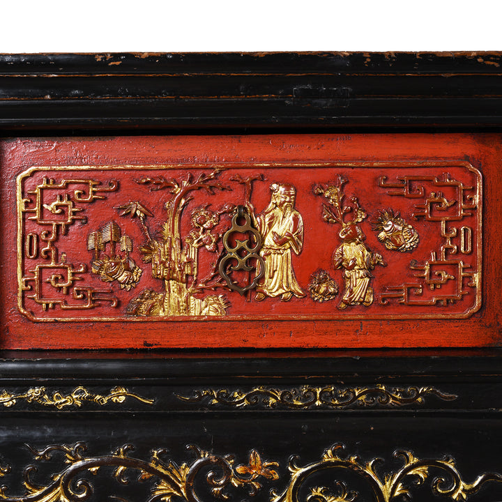 Panel Detail From 19th-Century Chinese Fujian Altar Table With Red And Black Lacquer, Hand-Painted Gilt Panels, And Ornate Carved Legs