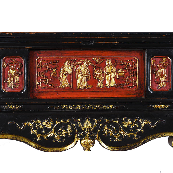 Central Panel Detail From 19th-Century Chinese Fujian Altar Table With Red And Black Lacquer, Hand-Painted Gilt Panels, And Ornate Carved Legs