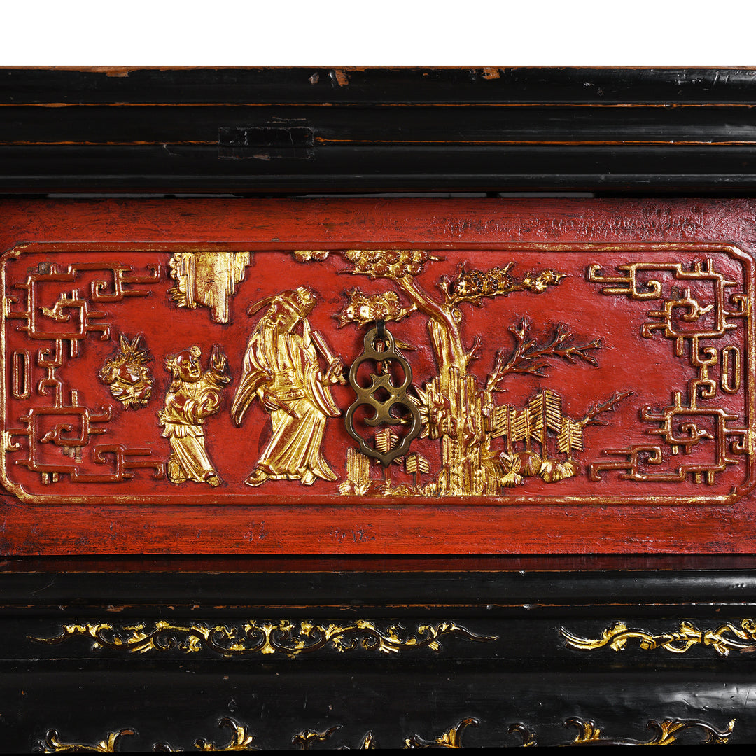 Panel Detail From 19th-Century Chinese Fujian Altar Table With Red And Black Lacquer, Hand-Painted Gilt Panels, And Ornate Carved Legs