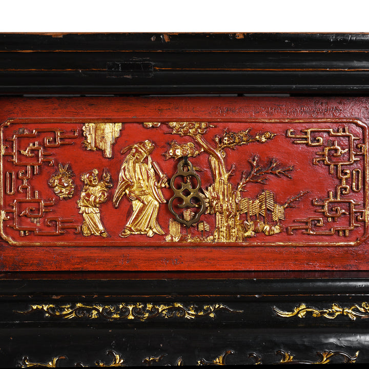 Panel Detail From 19th-Century Chinese Fujian Altar Table With Red And Black Lacquer, Hand-Painted Gilt Panels, And Ornate Carved Legs