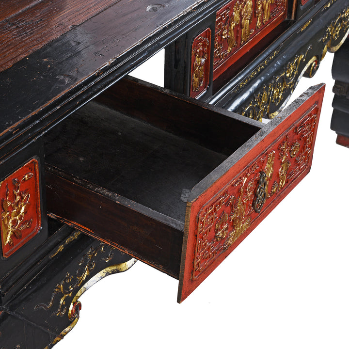 Drawer Detail From 19th-Century Chinese Fujian Altar Table With Red And Black Lacquer, Hand-Painted Gilt Panels, And Ornate Carved Legs
