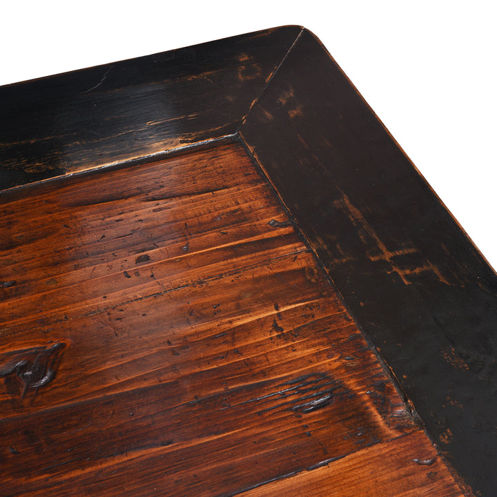 Corner Detail From 19th-Century Chinese Fujian Altar Table With Red And Black Lacquer, Hand-Painted Gilt Panels, And Ornate Carved Legs