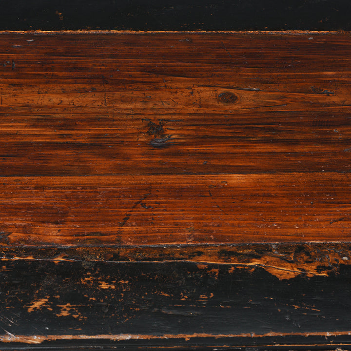 Surface Detail From 19th-Century Chinese Fujian Altar Table With Red And Black Lacquer, Hand-Painted Gilt Panels, And Ornate Carved Legs